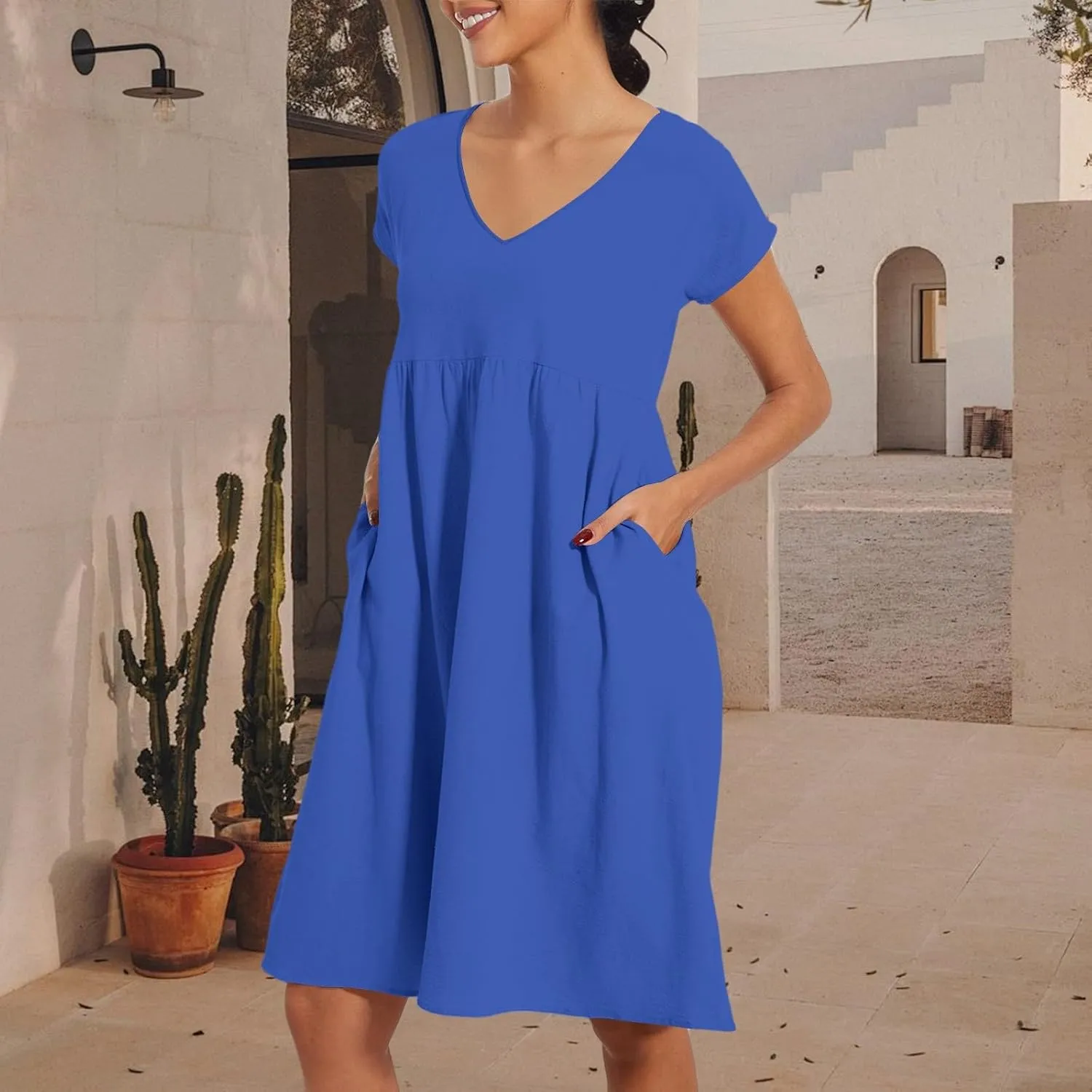 Women's Summer Dresses 2025 Beach Casual Deep V Neck Loose Short Sleeve Mini Sundress with Pockets