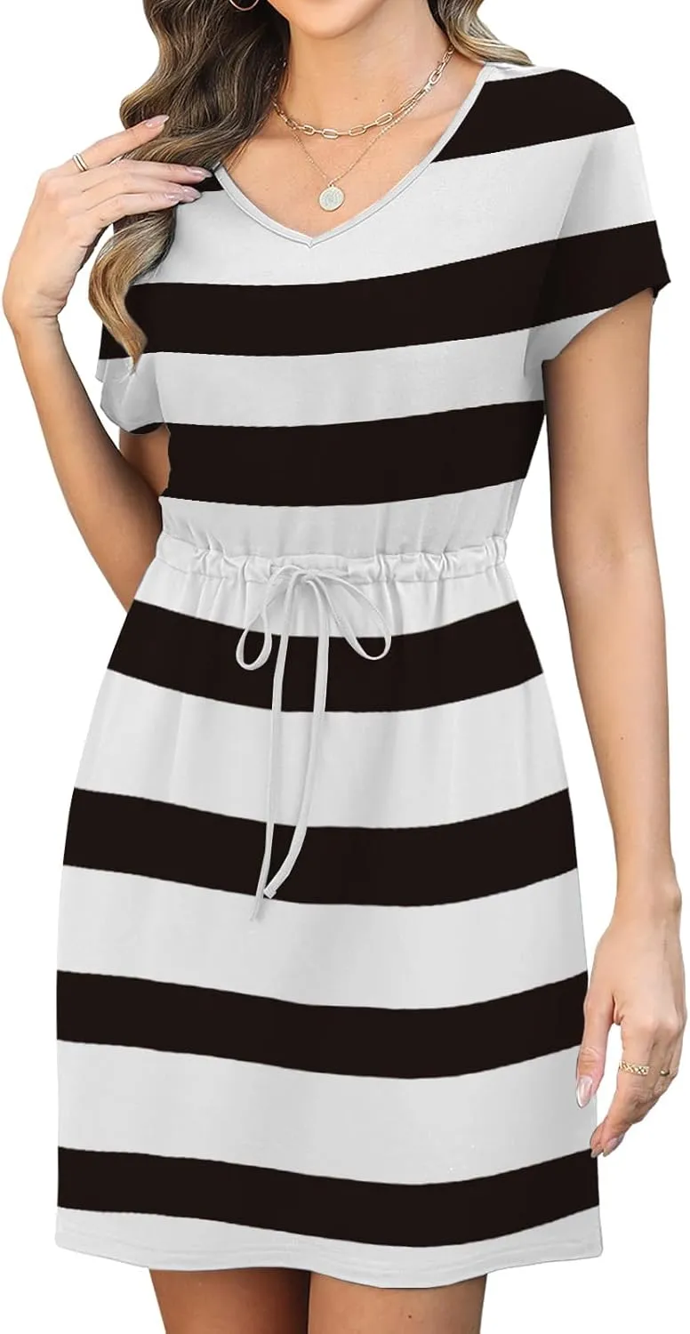 Womens Summer Dresses 2025 Casual Tie Front Short Sleeve A Line Midi Shirt Dress Beach Vacation Clothes