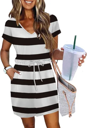 Womens Summer Dresses 2025 Casual Tie Front Short Sleeve A Line Midi Shirt Dress Beach Vacation Clothes