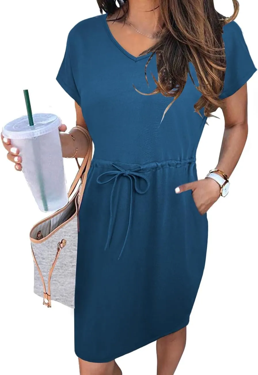 Womens Summer Dresses 2025 Casual Tie Front Short Sleeve A Line Midi Shirt Dress Beach Vacation Clothes