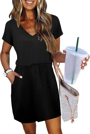 Womens Summer Dresses 2025 Casual Tie Front Short Sleeve A Line Midi Shirt Dress Beach Vacation Clothes