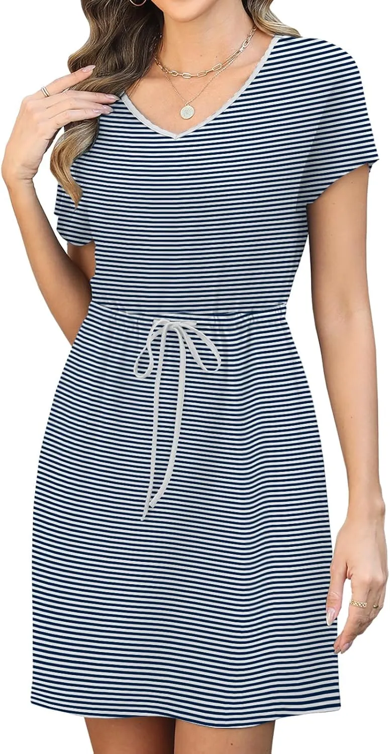 Womens Summer Dresses 2025 Casual Tie Front Short Sleeve A Line Midi Shirt Dress Beach Vacation Clothes