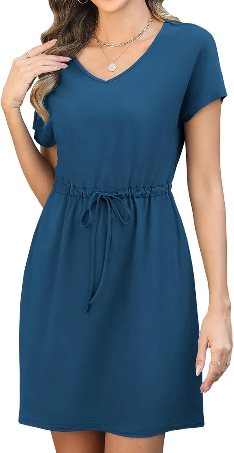 Womens Summer Dresses 2025 Casual Tie Front Short Sleeve A Line Midi Shirt Dress Beach Vacation Clothes