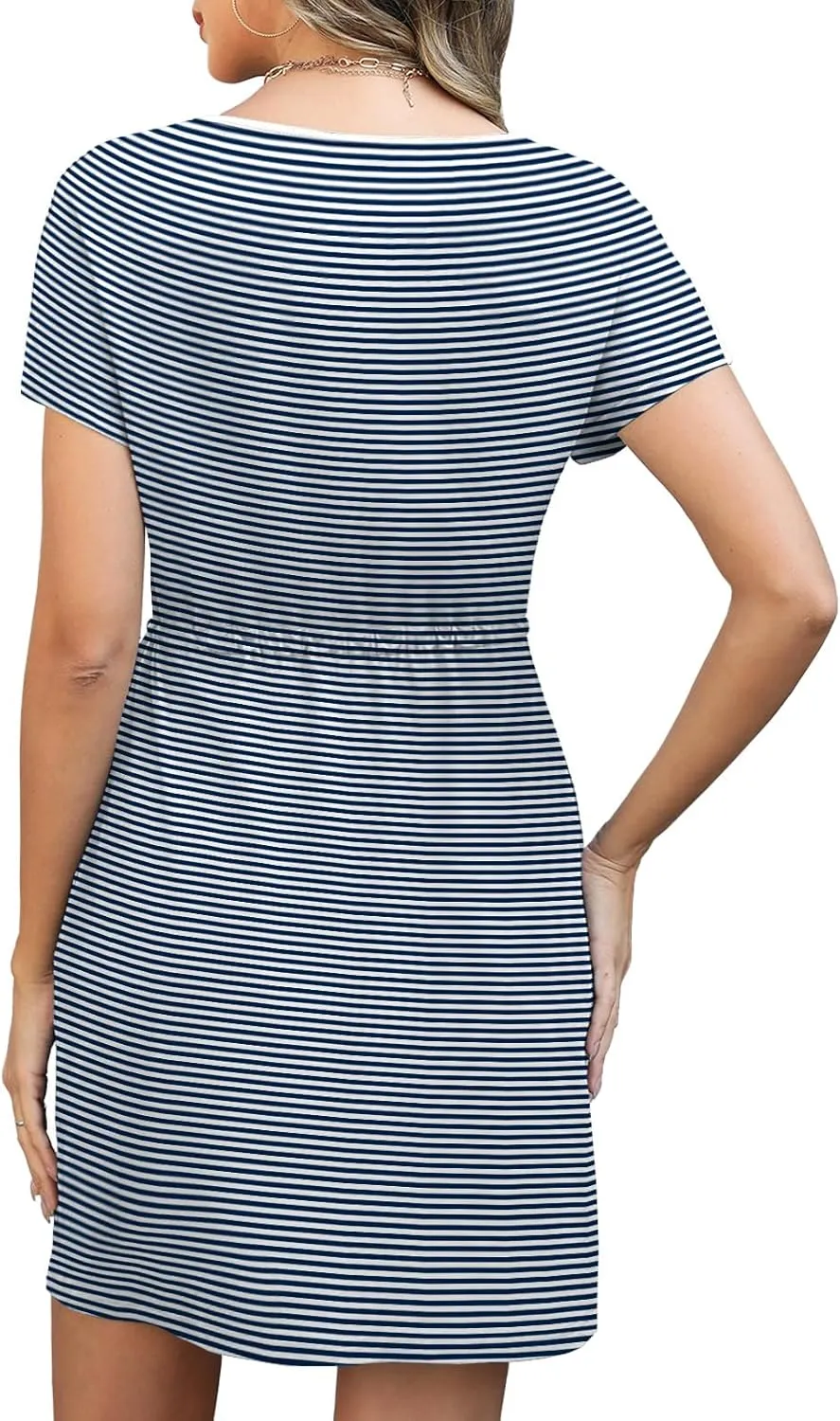 Womens Summer Dresses 2025 Casual Tie Front Short Sleeve A Line Midi Shirt Dress Beach Vacation Clothes