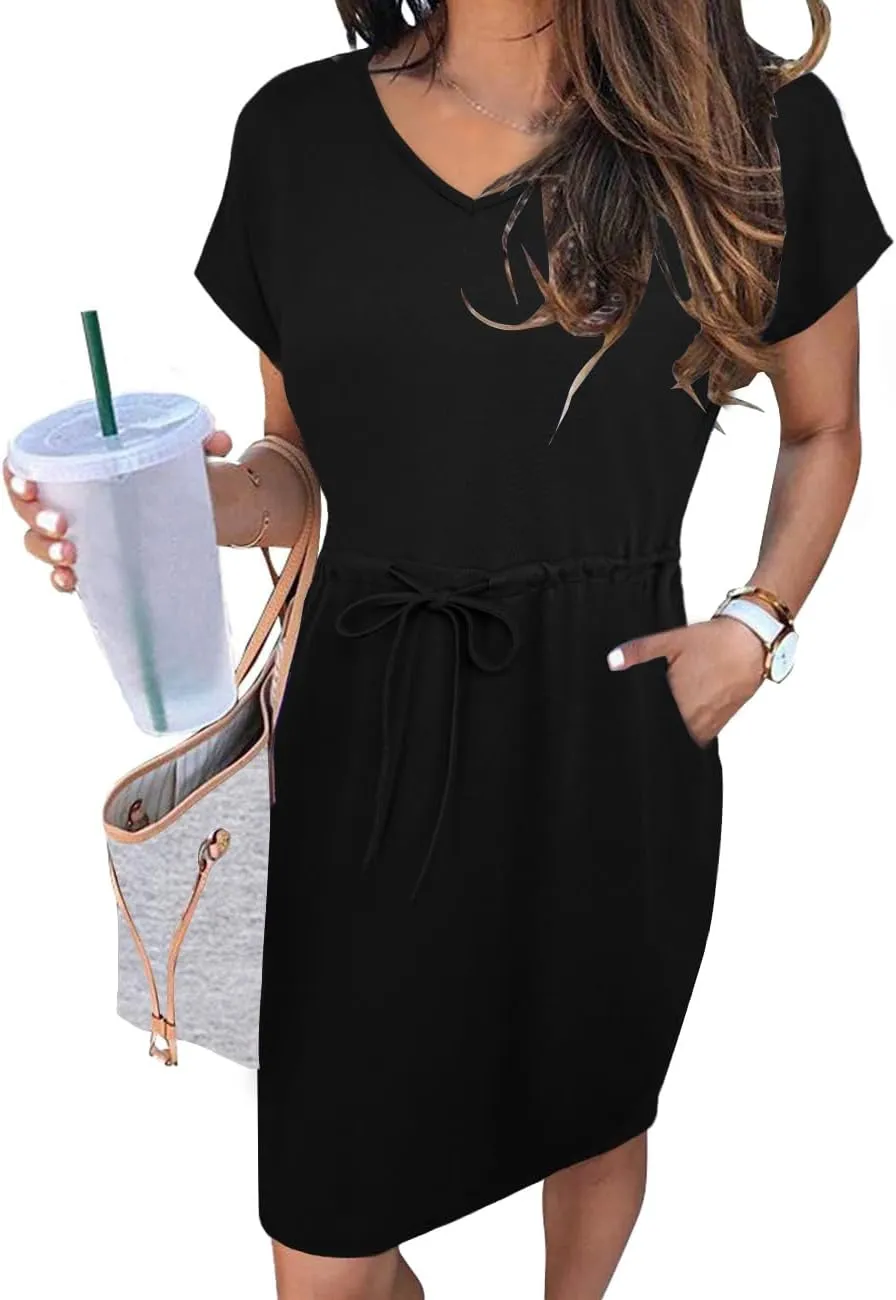 Womens Summer Dresses 2025 Casual Tie Front Short Sleeve A Line Midi Shirt Dress Beach Vacation Clothes