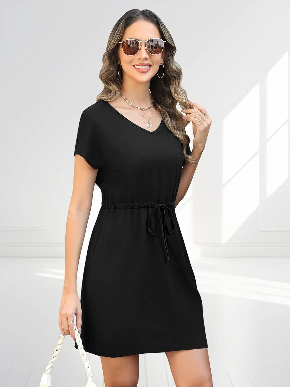 Womens Summer Dresses 2025 Casual Tie Front Short Sleeve A Line Midi Shirt Dress Beach Vacation Clothes