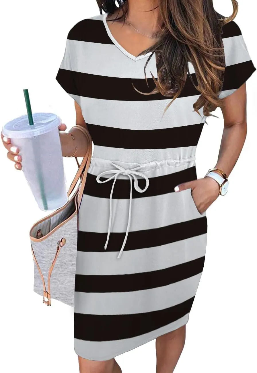 Womens Summer Dresses 2025 Casual Tie Front Short Sleeve A Line Midi Shirt Dress Beach Vacation Clothes