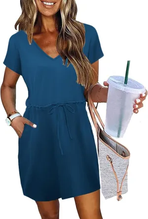 Womens Summer Dresses 2025 Casual Tie Front Short Sleeve A Line Midi Shirt Dress Beach Vacation Clothes