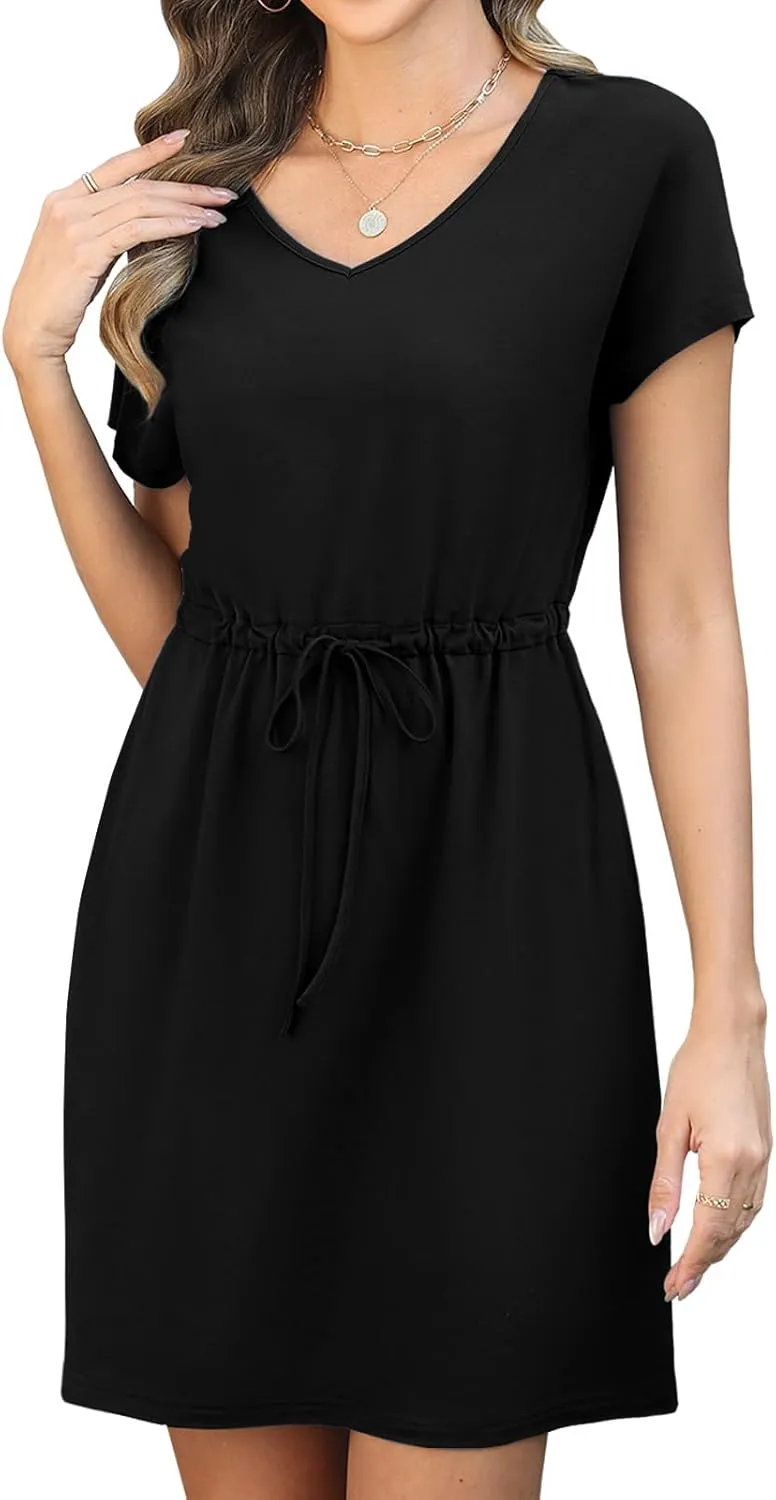 Womens Summer Dresses 2025 Casual Tie Front Short Sleeve A Line Midi Shirt Dress Beach Vacation Clothes
