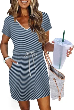Womens Summer Dresses 2025 Casual Tie Front Short Sleeve A Line Midi Shirt Dress Beach Vacation Clothes