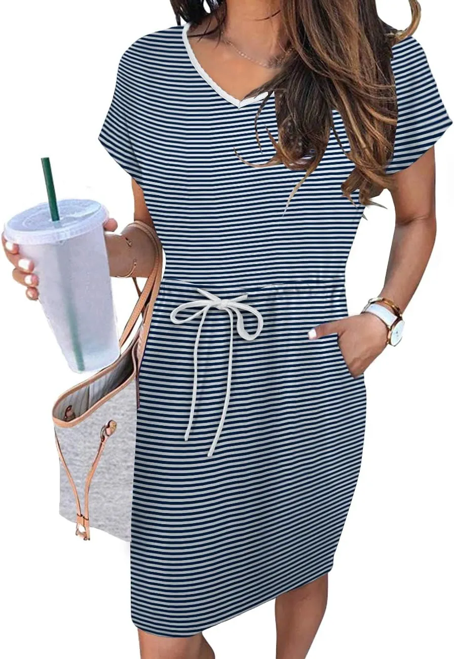 Womens Summer Dresses 2025 Casual Tie Front Short Sleeve A Line Midi Shirt Dress Beach Vacation Clothes