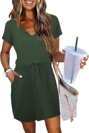 Womens Summer Dresses 2025 Casual Tie Front Short Sleeve A Line Midi Shirt Dress Beach Vacation Clothes