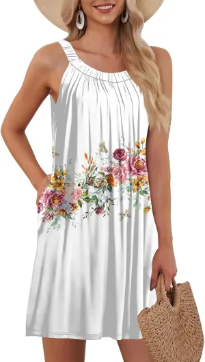 Womens Summer Dresses Beach Cover Up Tank Dress Casual Vacation Short Summer Halter Dresses with Pockets