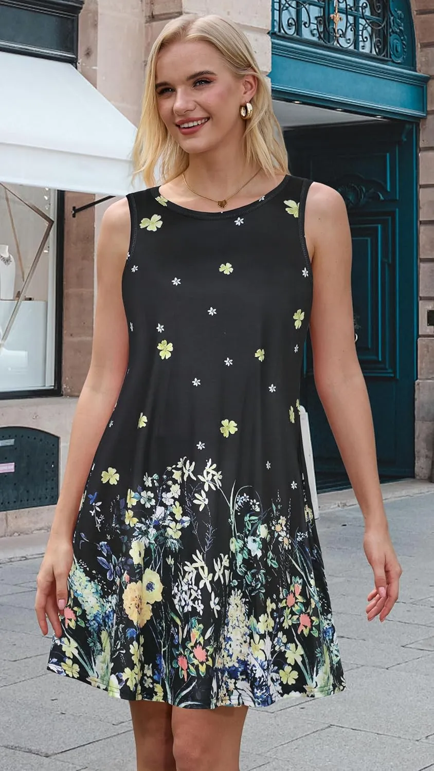 Womens Summer Dresses Casual Sleeveless Tshirt Sundress Beach Cover Up with Pockets Loose Tank Dress
