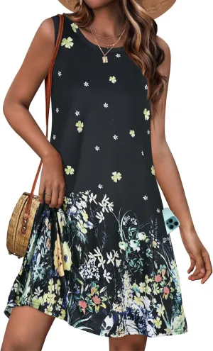 Womens Summer Dresses Casual Sleeveless Tshirt Sundress Beach Cover Up with Pockets Loose Tank Dress