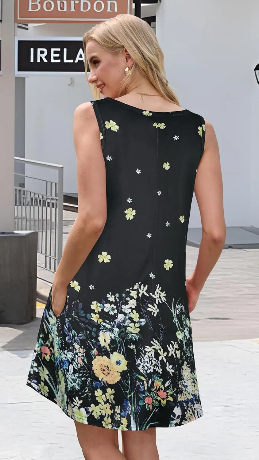 Womens Summer Dresses Casual Sleeveless Tshirt Sundress Beach Cover Up with Pockets Loose Tank Dress