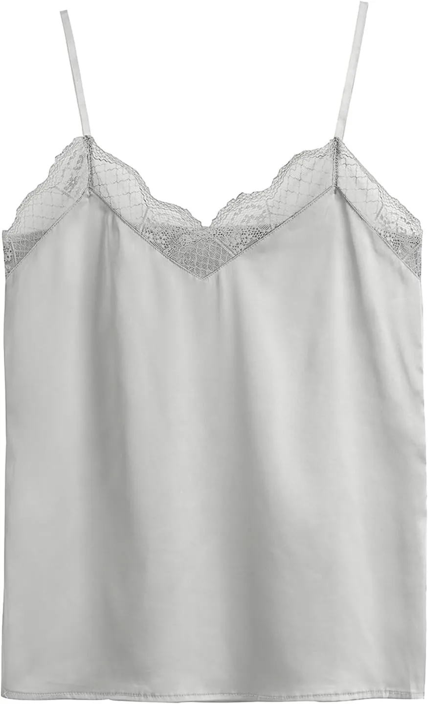 Women's Summer Lace V Neck Tank Tops Trendy Silk Satin Cami Shirt Summer Sleeveless Spaghetti Strap Camisole Top