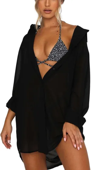 Women's Swimsuit Beach Cover Up Loose V-Neck Button Down Bikini Bathing Suit