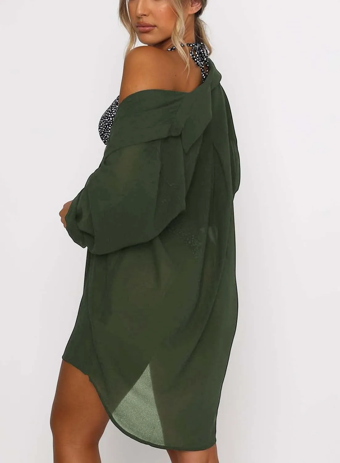 Women's Swimsuit Beach Cover Up Loose V-Neck Button Down Bikini Bathing Suit