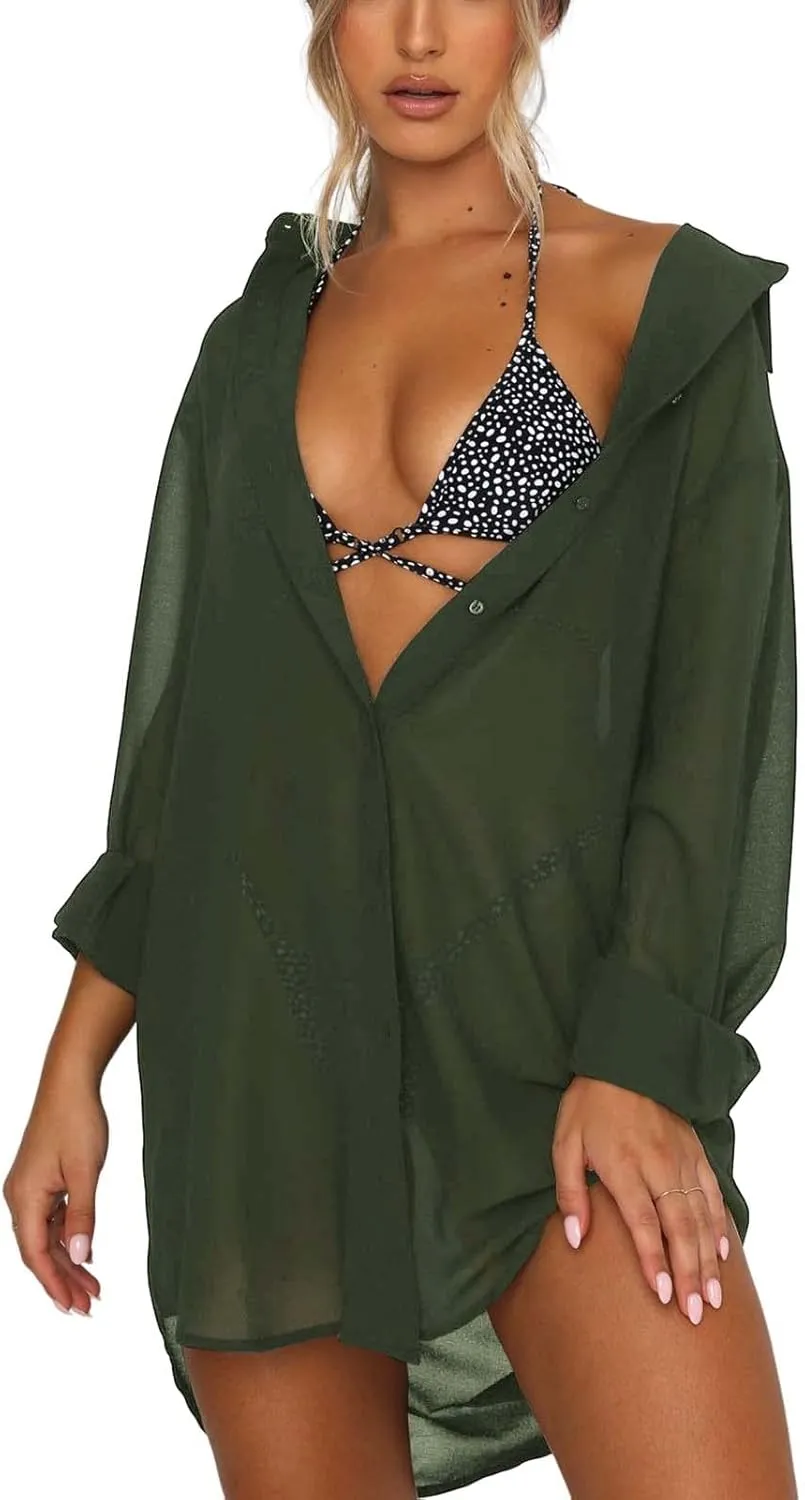 Women's Swimsuit Beach Cover Up Loose V-Neck Button Down Bikini Bathing Suit
