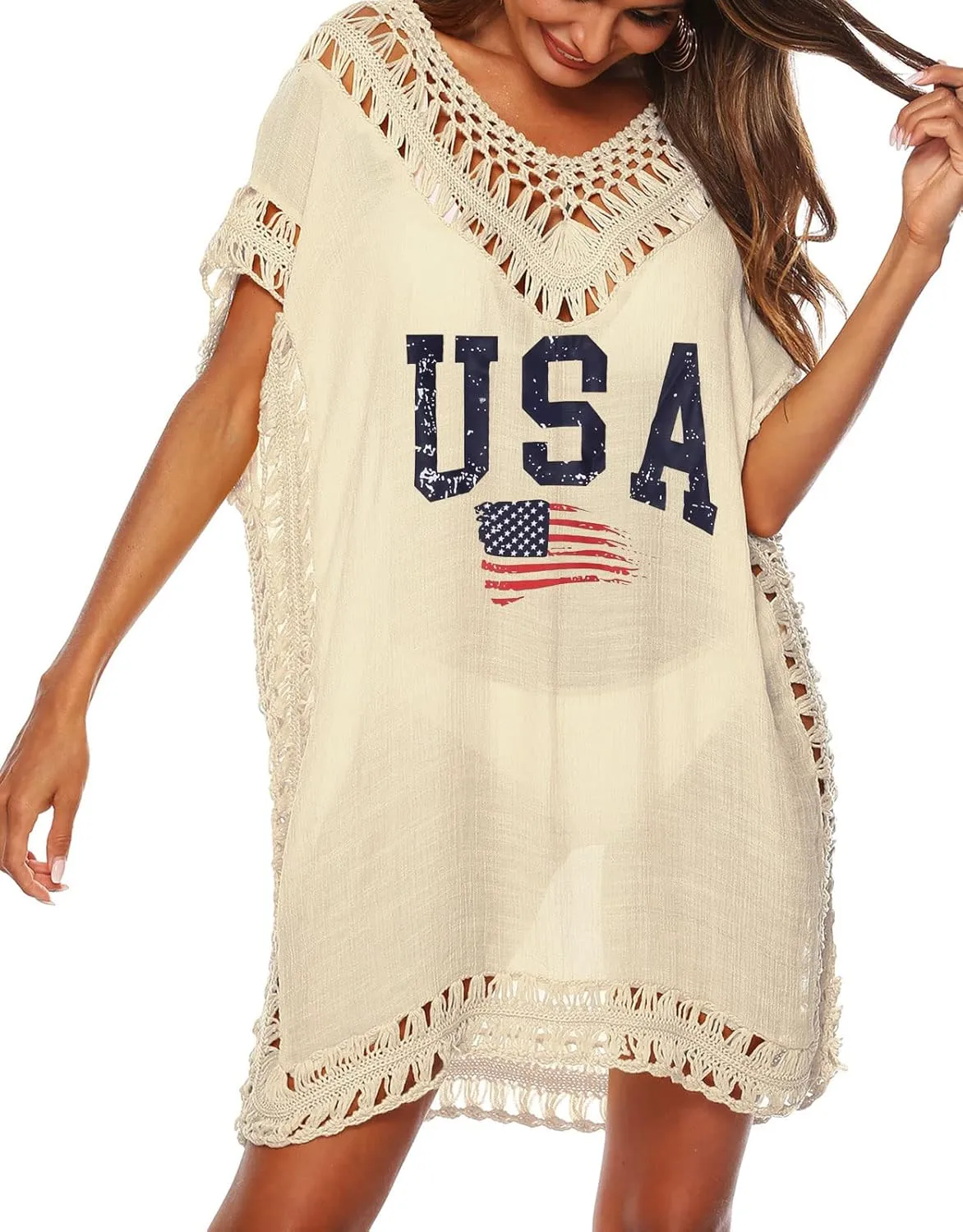 Women's Swimwear Cover ups Summer Short Sleeve Crochet Sexy Beach Dress