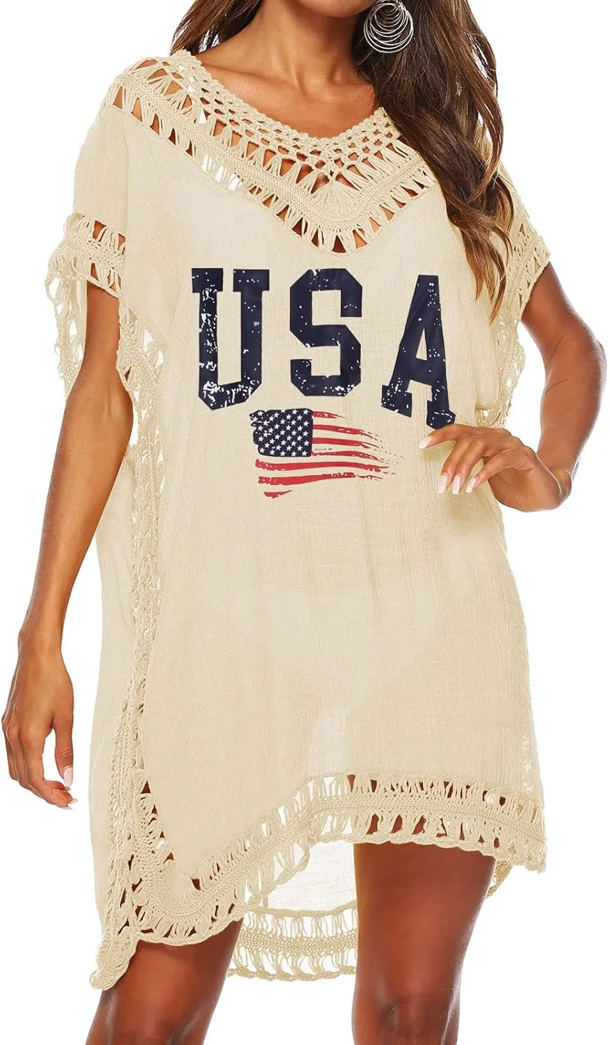 Women's Swimwear Cover ups Summer Short Sleeve Crochet Sexy Beach Dress