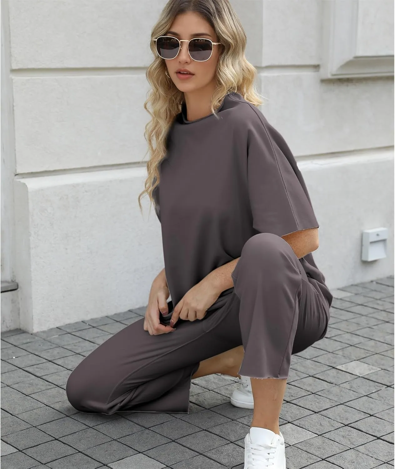 Women's Two Piece Outfits 3/4 Batwing Sleeve Capelet Crew Neck Pullover Top Wide Leg Pants Lounge Set