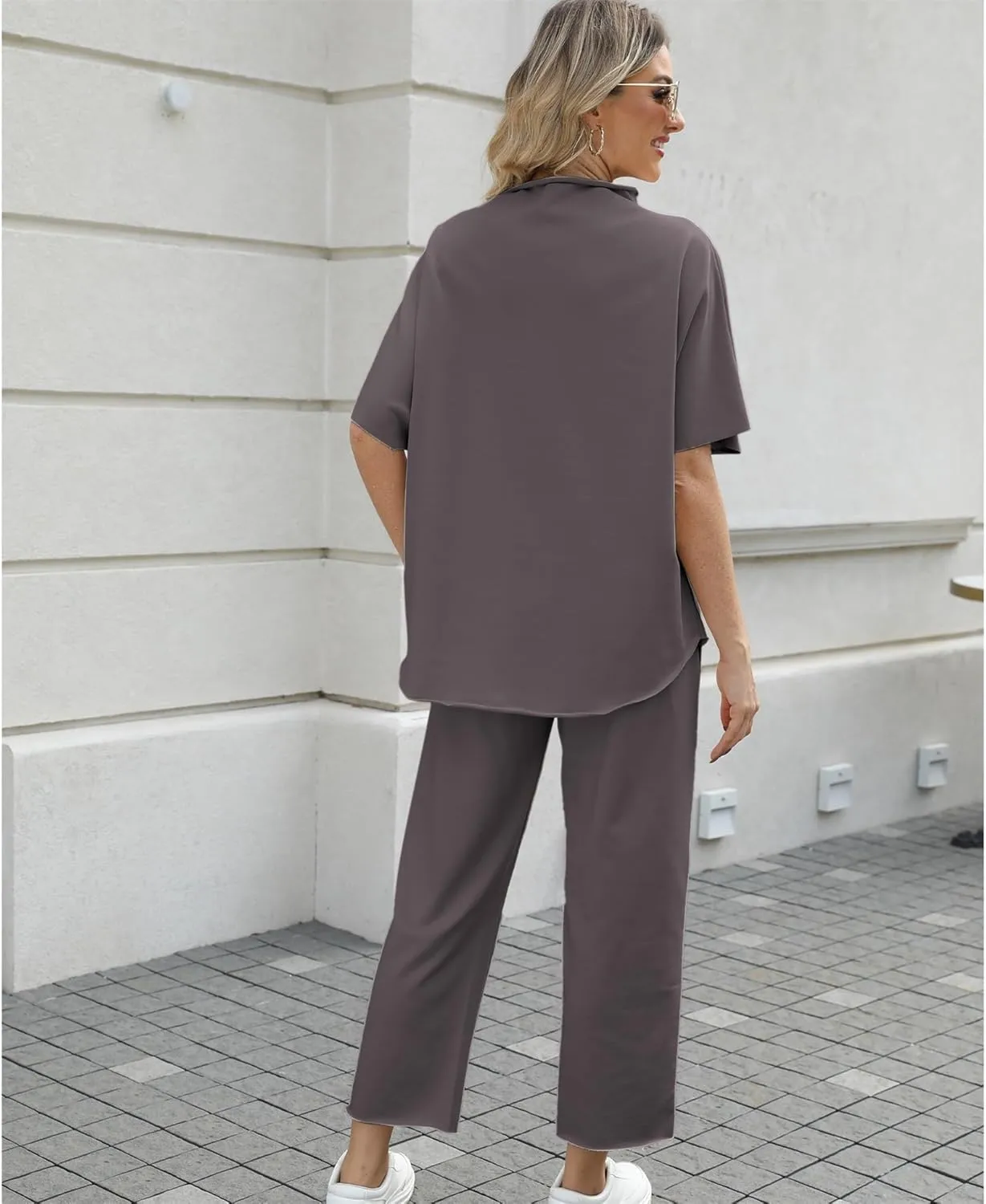 Women's Two Piece Outfits 3/4 Batwing Sleeve Capelet Crew Neck Pullover Top Wide Leg Pants Lounge Set