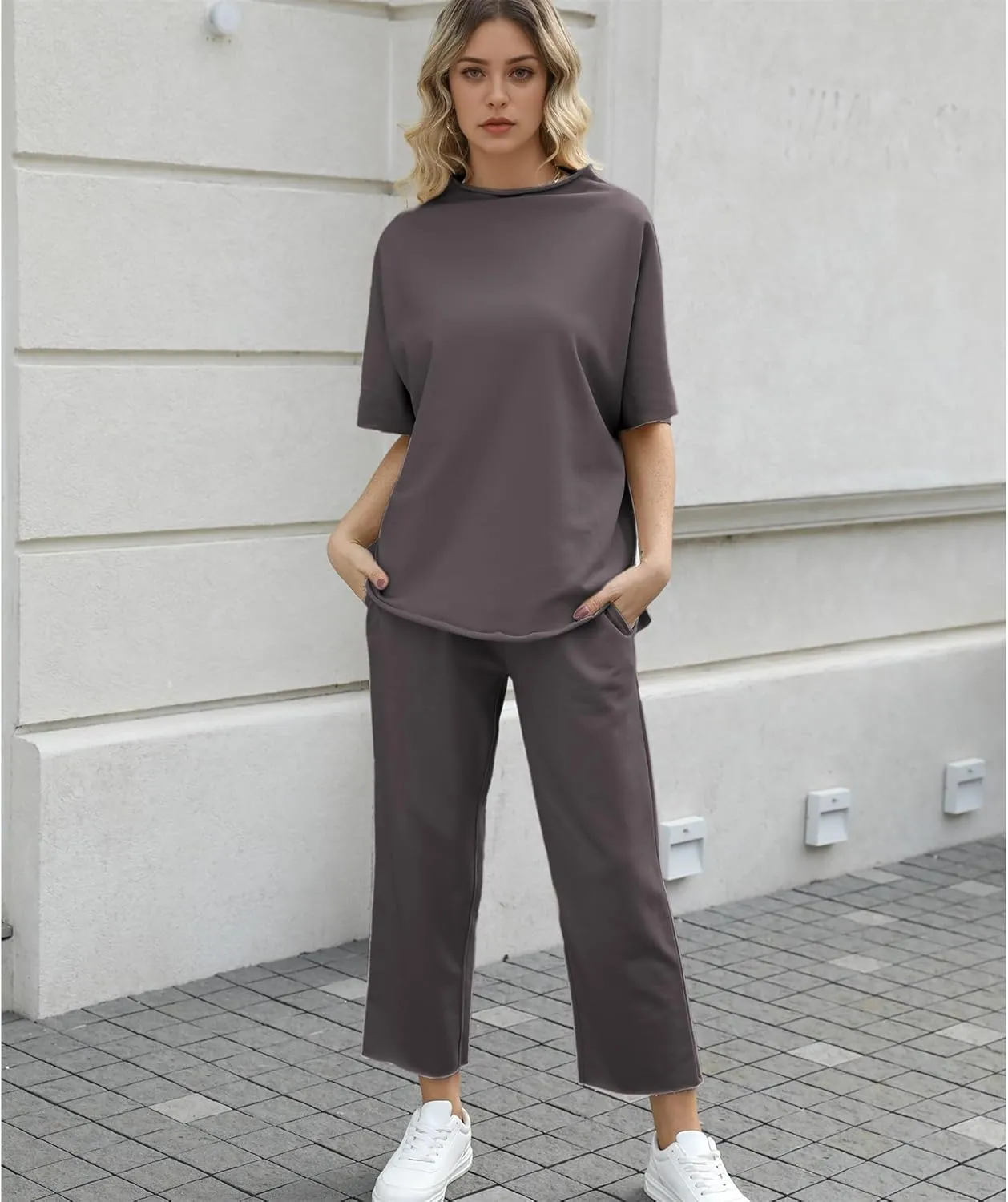 Women's Two Piece Outfits 3/4 Batwing Sleeve Capelet Crew Neck Pullover Top Wide Leg Pants Lounge Set