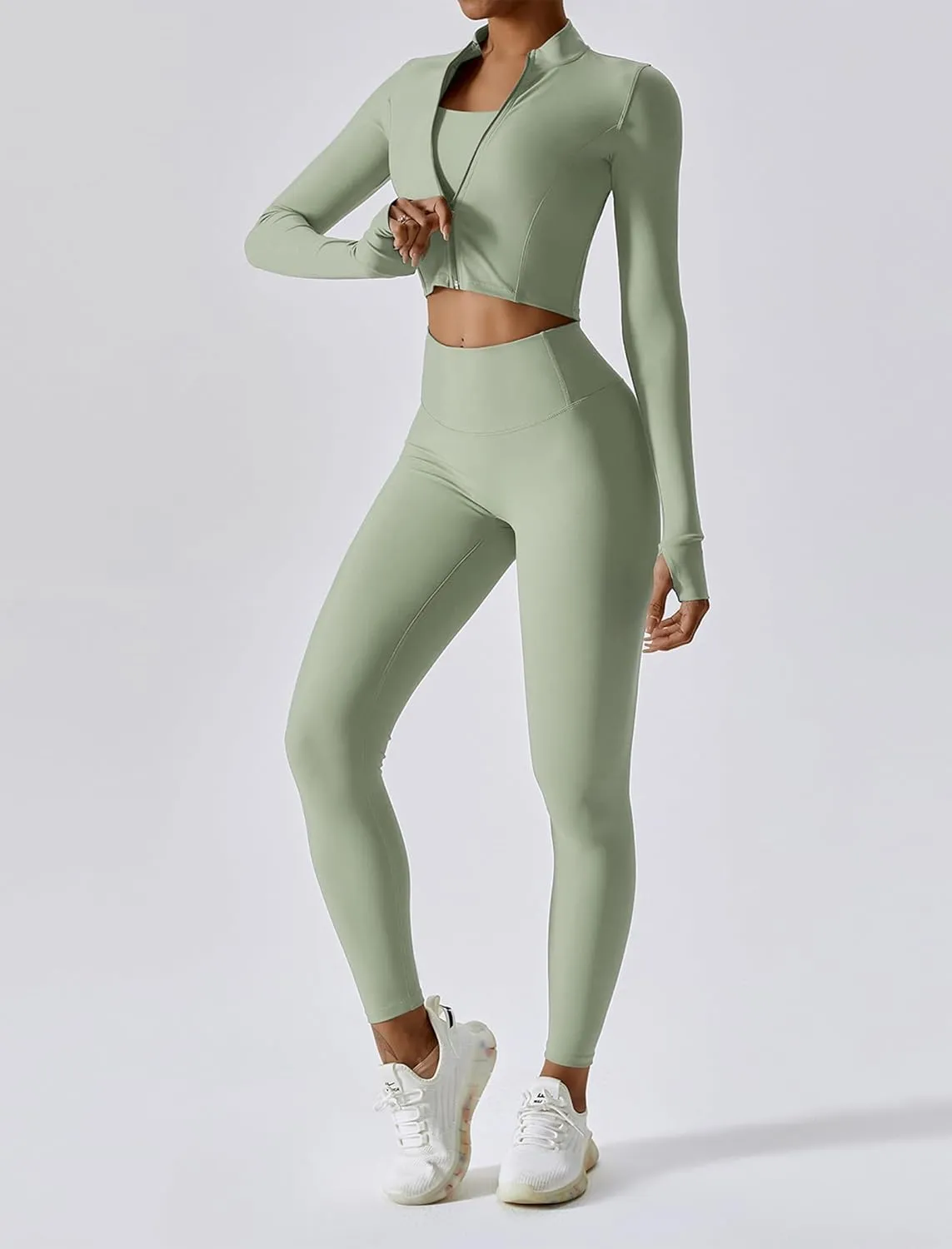 Workout Outfits for Women 3 Piece Long Sleeve Zip Up Cropped Jacket, Sports Bra and Tummy Control Leggings