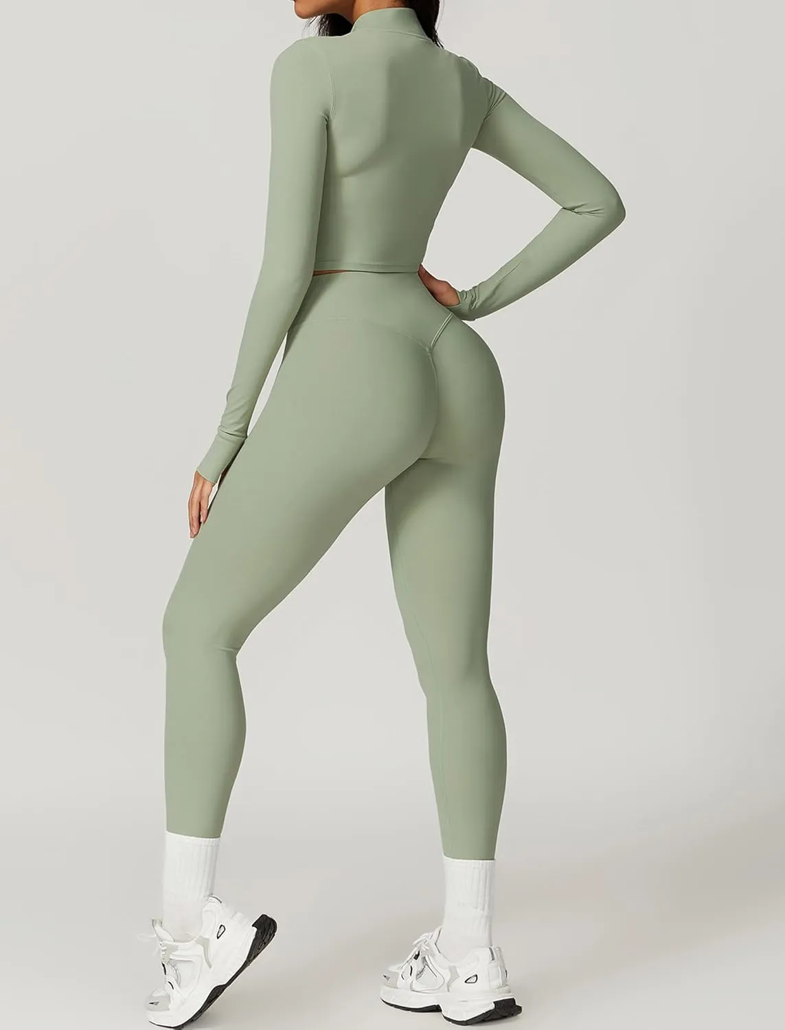 Workout Outfits for Women 3 Piece Long Sleeve Zip Up Cropped Jacket, Sports Bra and Tummy Control Leggings