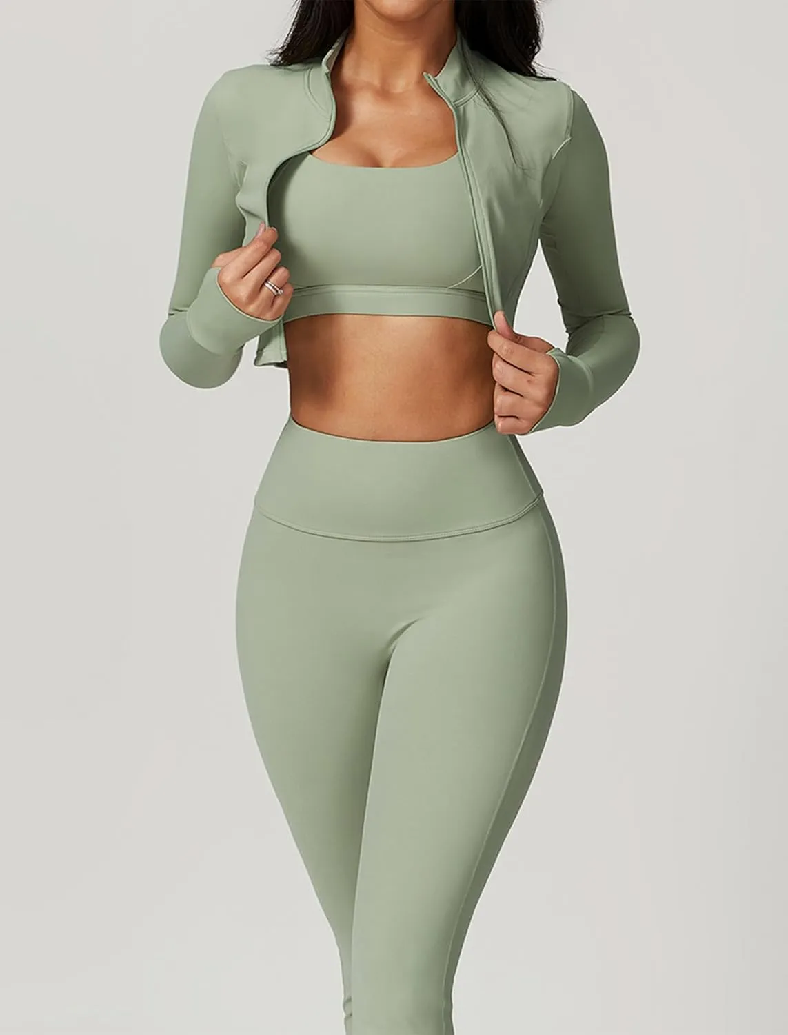 Workout Outfits for Women 3 Piece Long Sleeve Zip Up Cropped Jacket, Sports Bra and Tummy Control Leggings