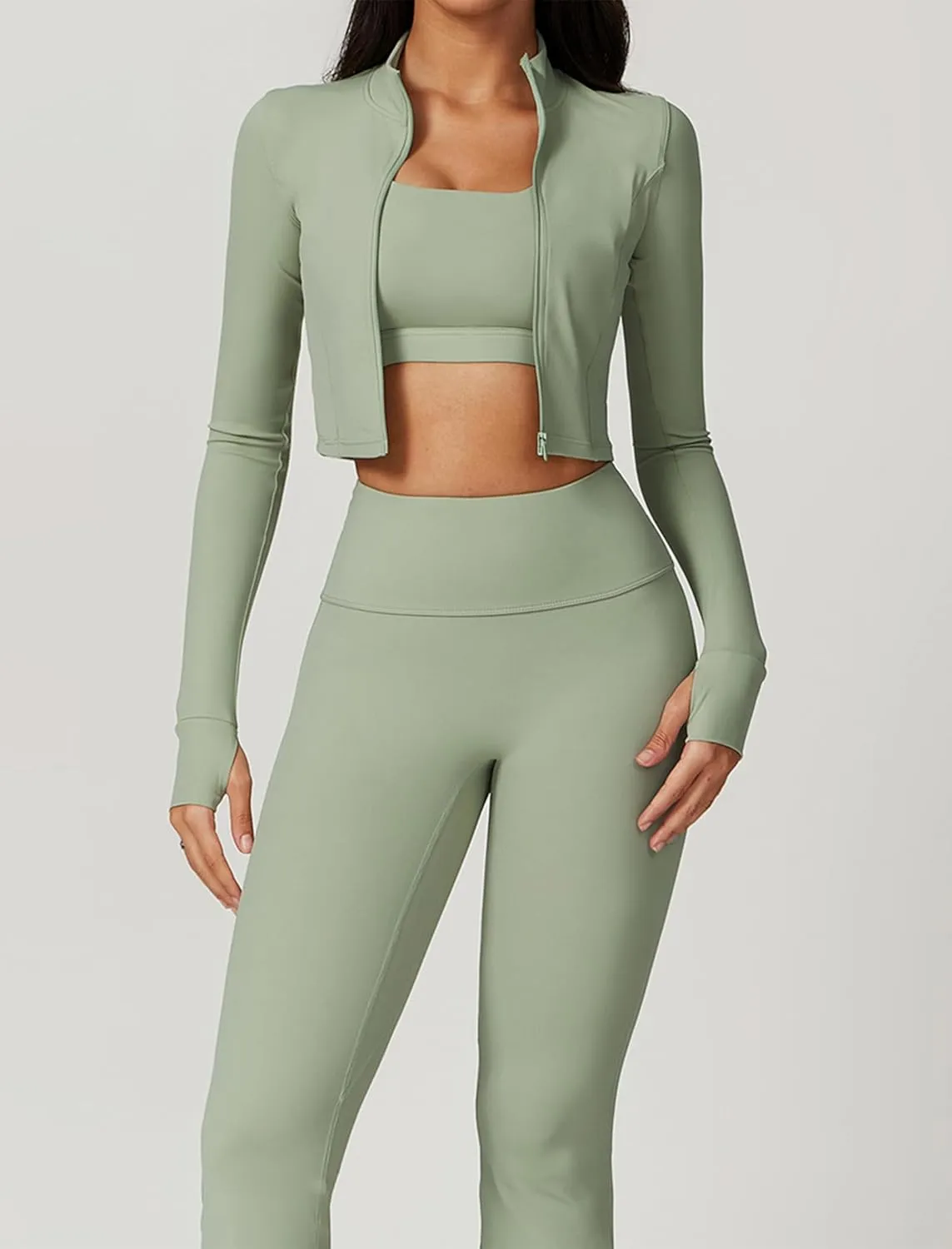Workout Outfits for Women 3 Piece Long Sleeve Zip Up Cropped Jacket, Sports Bra and Tummy Control Leggings