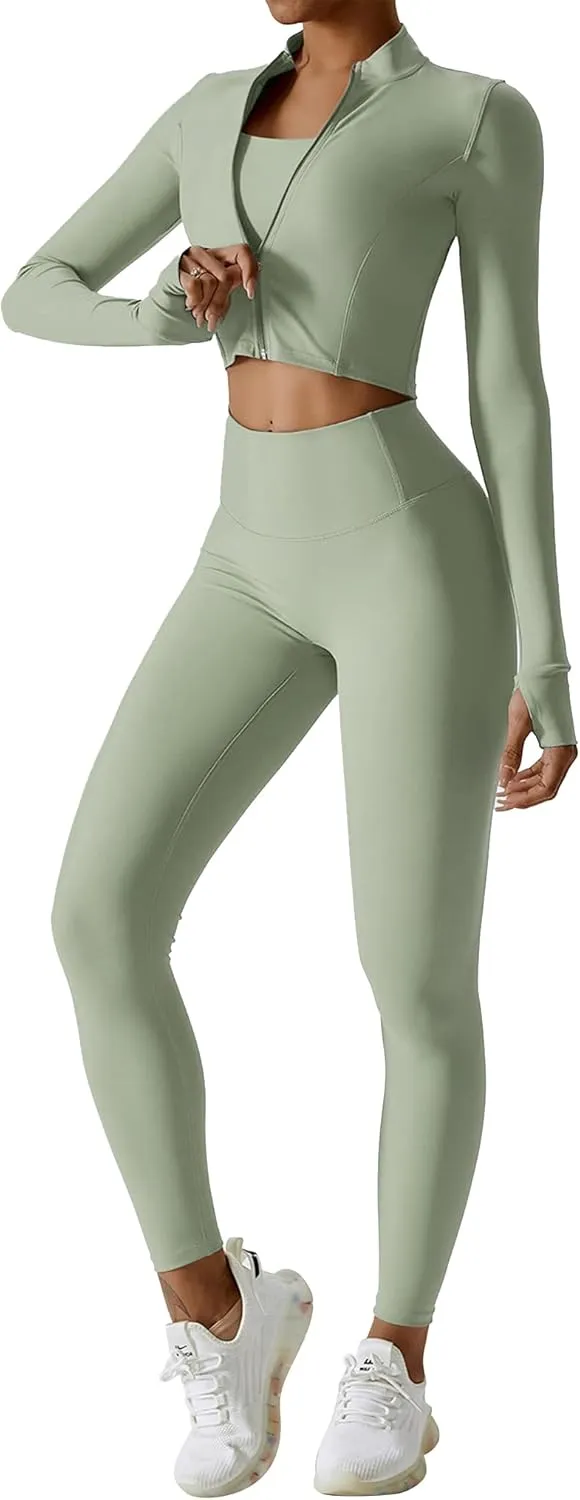 Workout Outfits for Women 3 Piece Long Sleeve Zip Up Cropped Jacket, Sports Bra and Tummy Control Leggings