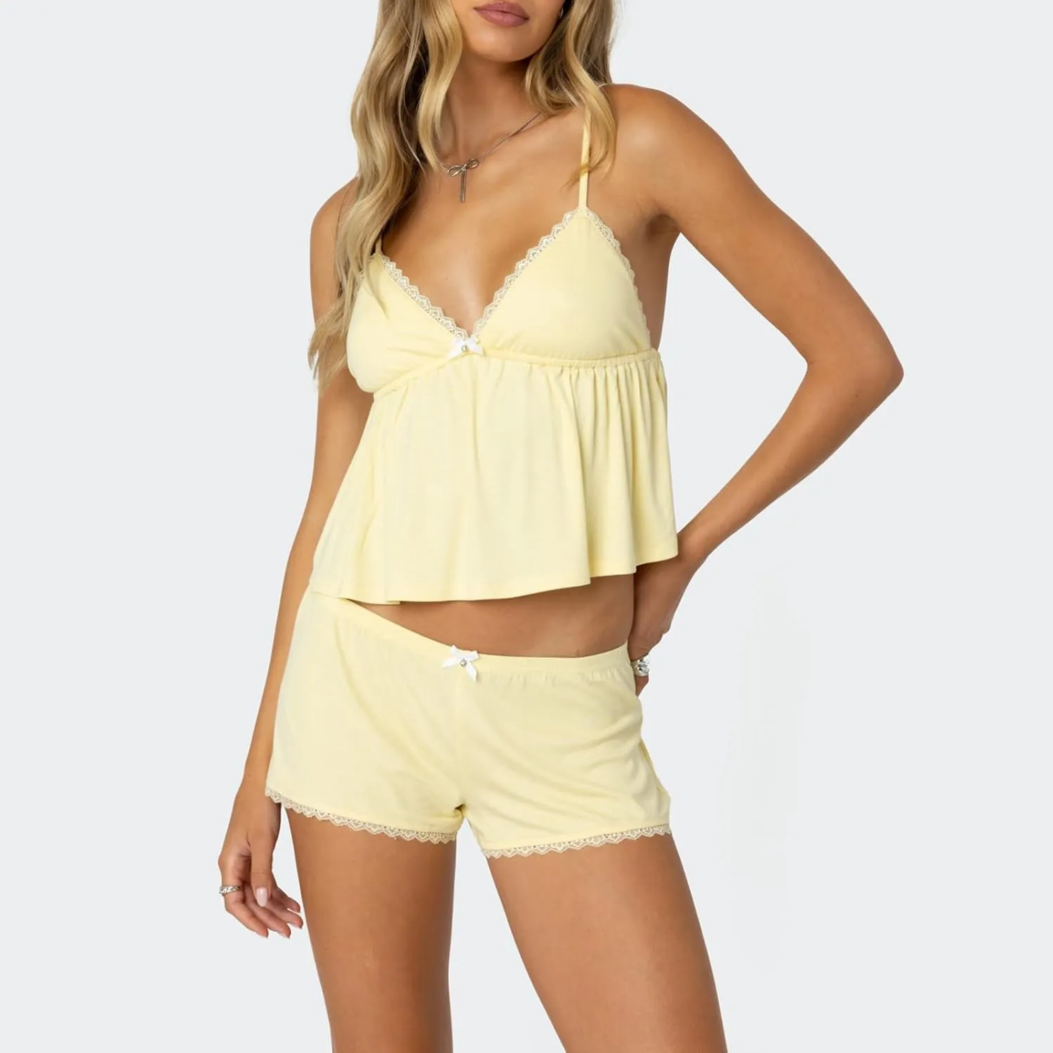 XBTCLXEBCO Lace Pajama Sets for Women 2 Piece Sexy Sleeveless Cami Tank Top and Shorts Pj Set Y2K Matching Lounge Sleepwear