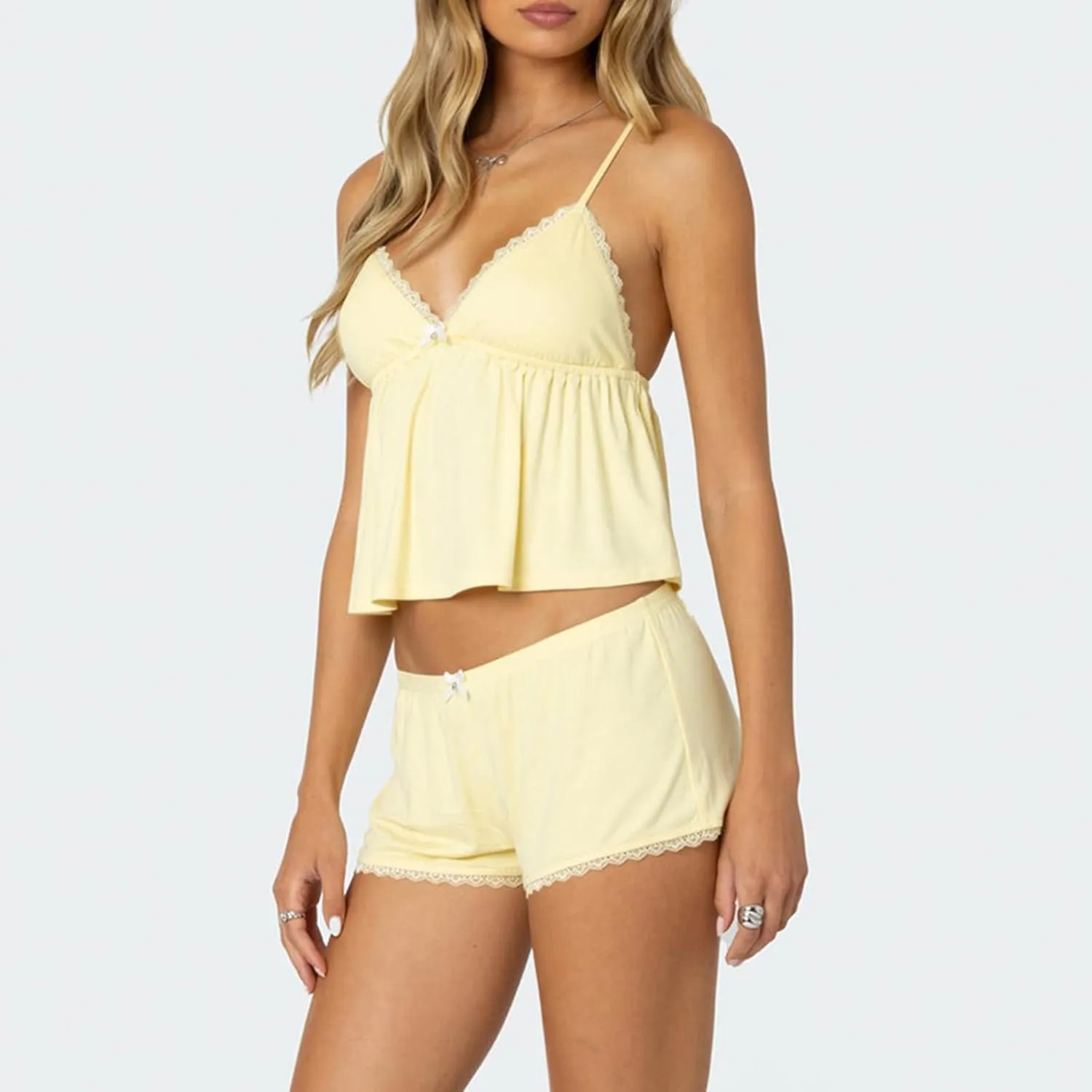 XBTCLXEBCO Lace Pajama Sets for Women 2 Piece Sexy Sleeveless Cami Tank Top and Shorts Pj Set Y2K Matching Lounge Sleepwear
