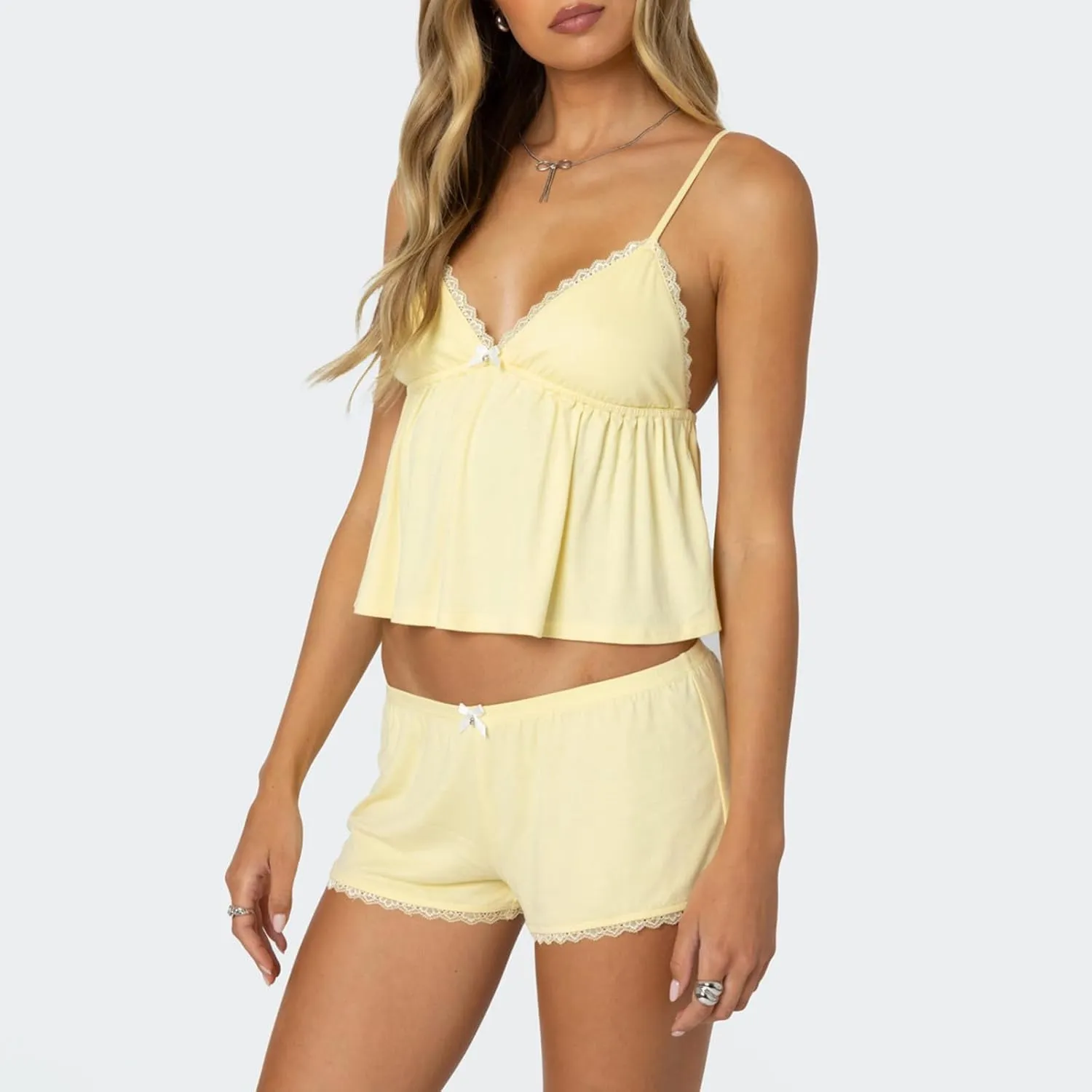 XBTCLXEBCO Lace Pajama Sets for Women 2 Piece Sexy Sleeveless Cami Tank Top and Shorts Pj Set Y2K Matching Lounge Sleepwear