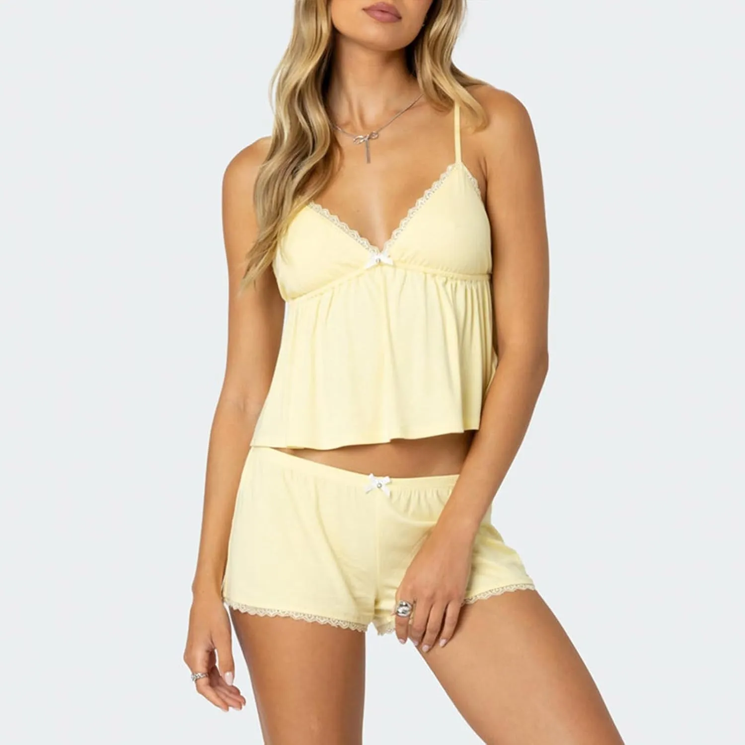 XBTCLXEBCO Lace Pajama Sets for Women 2 Piece Sexy Sleeveless Cami Tank Top and Shorts Pj Set Y2K Matching Lounge Sleepwear