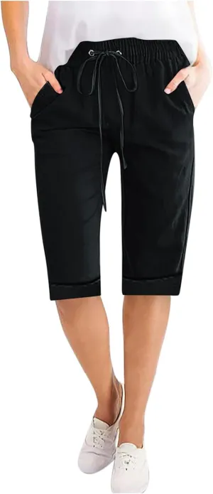 Xiaojmake Linen Short for Women 2025 Loose Fit Beach Half Pants Cuffed Hem Bermuda Shorts Elastic Waist Workout Summer Short