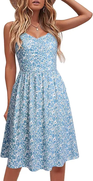 YATHON Casual Dresses for Women Sleeveless Cotton Summer Beach Dress A Line Spaghetti Strap Sundresses with Pockets