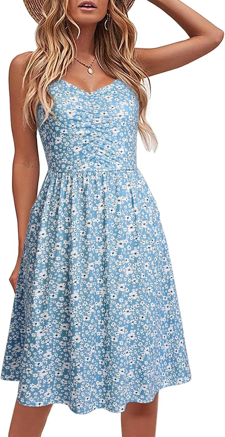 YATHON Casual Dresses for Women Sleeveless Cotton Summer Beach Dress A Line Spaghetti Strap Sundresses with Pockets