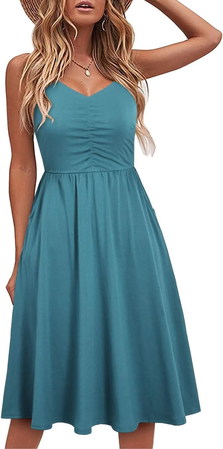 YATHON Casual Dresses for Women Sleeveless Cotton Summer Beach Dress A Line Spaghetti Strap Sundresses with Pockets