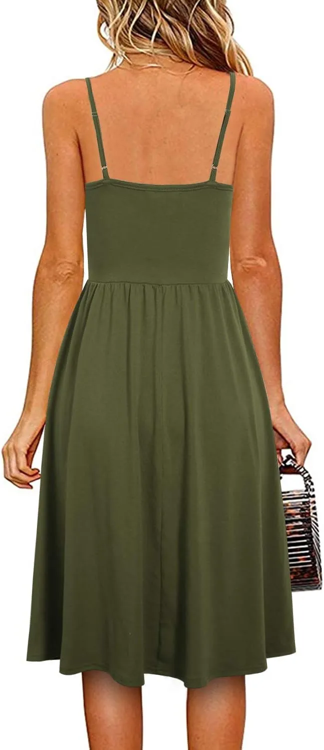 YATHON Casual Dresses for Women Sleeveless Cotton Summer Beach Dress A Line Spaghetti Strap Sundresses with Pockets