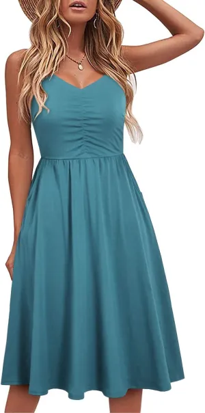 YATHON Casual Dresses for Women Sleeveless Cotton Summer Beach Dress A Line Spaghetti Strap Sundresses with Pockets