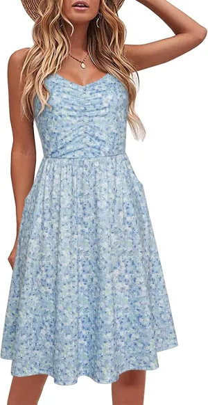 YATHON Casual Dresses for Women Sleeveless Cotton Summer Beach Dress A Line Spaghetti Strap Sundresses with Pockets