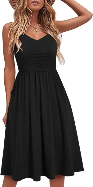 YATHON Casual Dresses for Women Sleeveless Cotton Summer Beach Dress A Line Spaghetti Strap Sundresses with Pockets