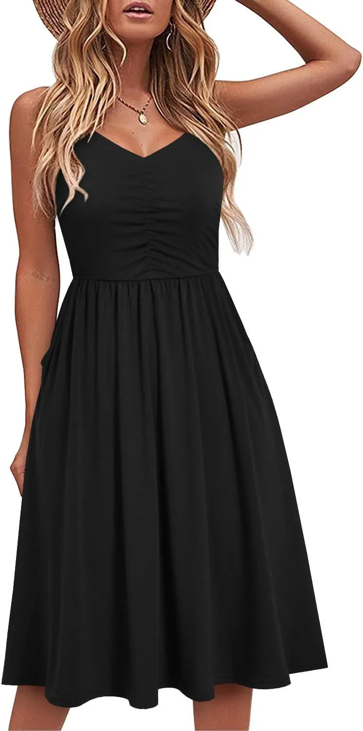 YATHON Casual Dresses for Women Sleeveless Cotton Summer Beach Dress A Line Spaghetti Strap Sundresses with Pockets