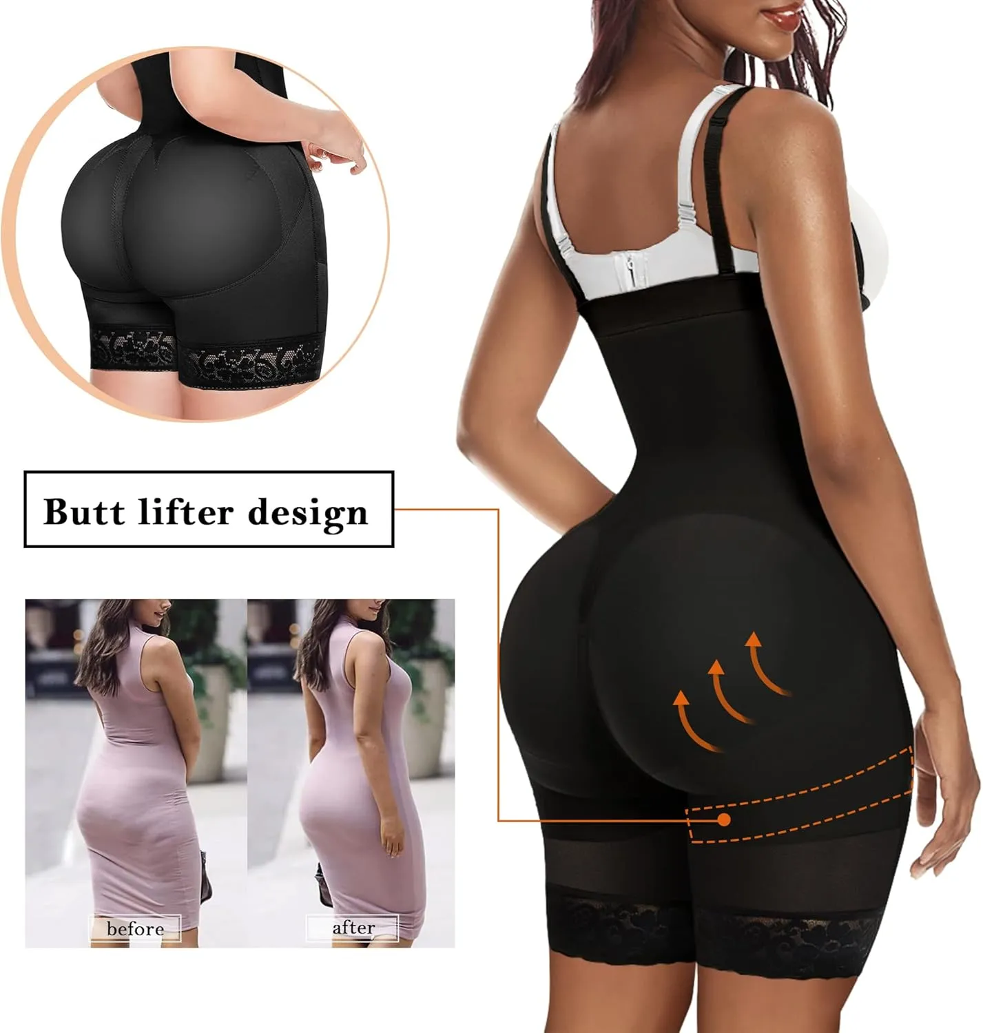 YIANNA Fajas Colombianas Shapewear for Women Tummy Control Body Shaper Butt Lifter Thigh Slimmer with Zipper Crotch