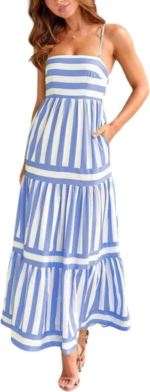 yoeasy Women's Striped Smock Tiered Spaghetti Strap Flowy Maxi Dress Sleeveless Swing A line Casual Summer Sundress