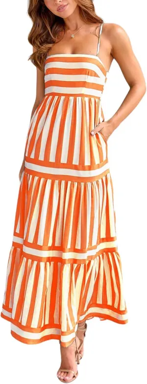 yoeasy Women's Striped Smock Tiered Spaghetti Strap Flowy Maxi Dress Sleeveless Swing A line Casual Summer Sundress